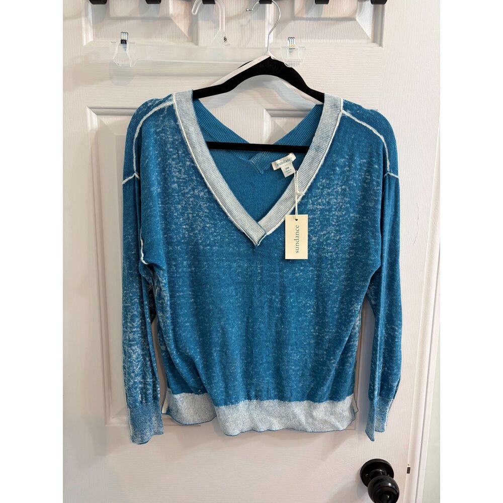 NWT Sundance 100% Cotton Vneck Blue Sweater Size Petite Medium